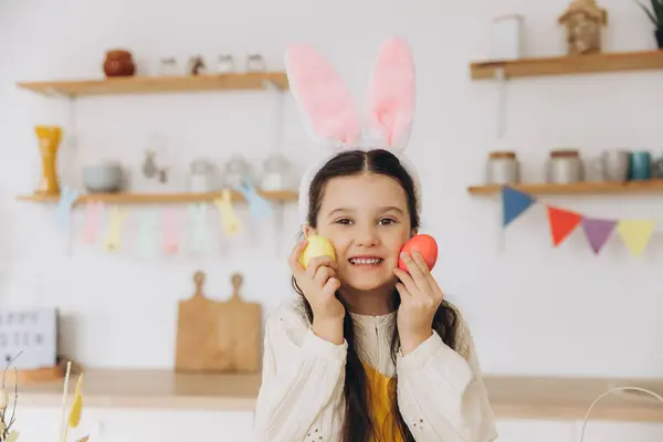 Happy Easter Cute Little Girl Holding Colorful Easter Eggs Having — Stock Photo, Image