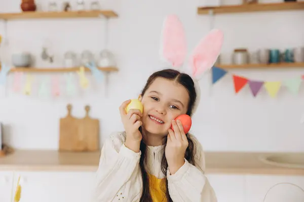 Happy Easter Cute Little Girl Holding Colorful Easter Eggs Having — Stock Photo, Image