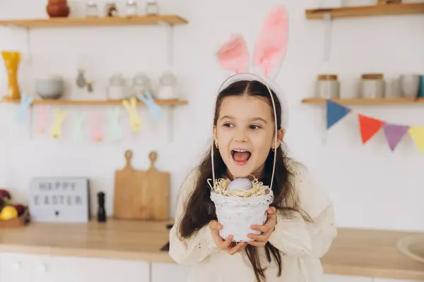 Portrait Cute Happy Little Girl Wearing Plush Bunny Ears Apron — Stock Photo, Image