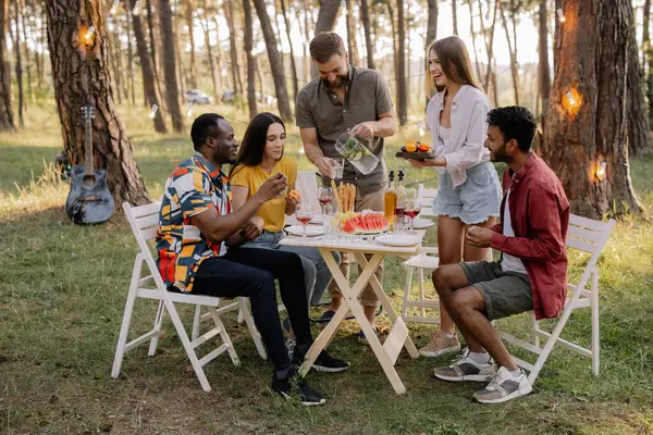 Meeting Multiracial Group Friends Eating Dinner Drinking Wine Party Forest — Stock Photo, Image