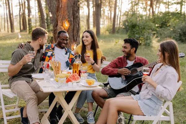 在森林的聚会上 多种族的朋友们一起弹奏吉他 吃饭和喝酒 — 图库照片