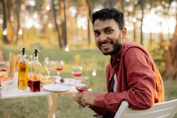 Portrait Happy Bearded Indian Man Drinking Wine Picnic Friends — Stock Photo, Image