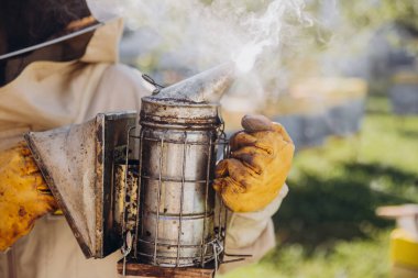 Arı çiftliğinde sigara içen arıcıya yakın çekim
