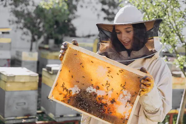 Szczęśliwa Pszczelarka Mundurze Stojąca Pasiece Trzymająca Ramę Pszczoły Miodnej — Zdjęcie stockowe