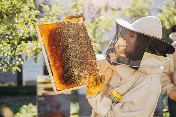 Šťastná Usměvavá Fena Včelař Uniformě Stojící Včelíně Držící Včelí Rám — Stock fotografie