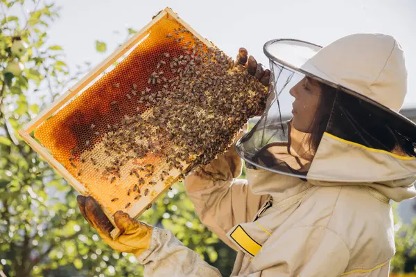 Happy Smiling Female Beekeeper Uniform Standing Apiary Holding Honeybee Frame — Stock Photo, Image