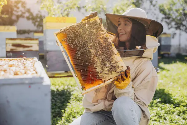 Ευτυχισμένος Χαμογελαστός Θηλυκός Μελισσοκόμος Προστατευτική Στολή Που Κρατά Πλαίσιο Μελισσών — Φωτογραφία Αρχείου