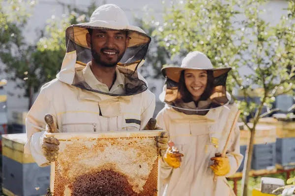 Para Uśmiechniętych Pszczelarzy Pracujących Narzędziami Pszczelarskimi Pobliżu Uli Farmie Pszczół — Zdjęcie stockowe