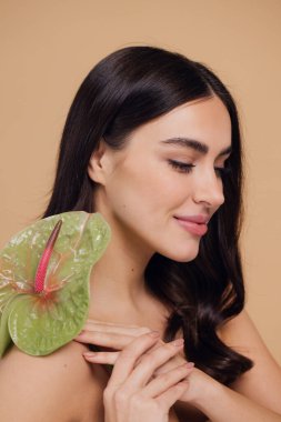 Bej renkli stüdyo arka planında izole edilmiş çiçekle poz veren çekici genç bir kadının güzel portresi.