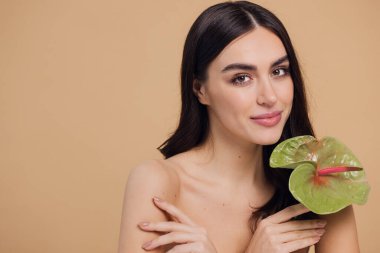 Bej renkli stüdyo arka planında izole edilmiş çiçekle poz veren çekici genç bir kadının güzel portresi.