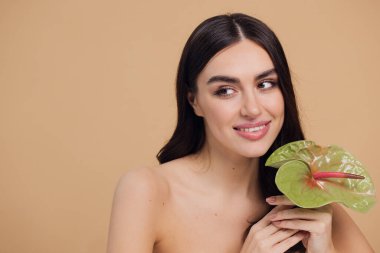 Bej renkli stüdyo arka planında izole edilmiş çiçekle poz veren çekici genç bir kadının güzel portresi.