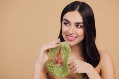 Bej renkli stüdyo arka planında izole edilmiş çiçekle poz veren çekici genç bir kadının güzel portresi.