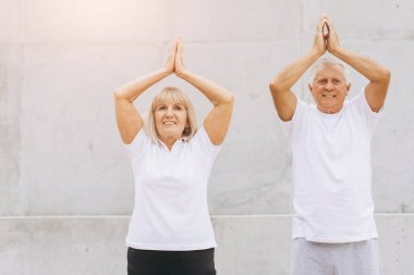 Üst düzey bir çift dışarıda beyaz giysiler içinde yoga yapıyor, sağlık ve sağlığa odaklanıyor. Yaşlı çift, elleri havada yoga pozu vererek sağlıklı ve aktif bir yaşam tarzını destekliyor..