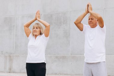 Üst düzey bir çift dışarıda beyaz giysiler içinde yoga yapıyor, sağlık ve sağlığa odaklanıyor. Yaşlı çift, elleri havada yoga pozu vererek sağlıklı ve aktif bir yaşam tarzını destekliyor..