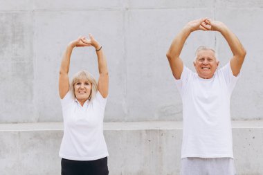 Sağlıklı bir yaşam tarzı için dışarıda esneme egzersizleri yapan kıdemli bir çift. Beyaz gömlekli bir erkek ve bir kadın spor ve sağlık aktivitelerinden zevk alır. Huzurlu bir ortamda yaşlılar arasında aktif yaşamı teşvik etmek.