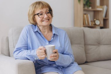 Rahatlatıcı yaşlı yaşlı kadın büyükannem evde sıcak çay içerken oturma odasındaki kameraya bakıyordu. Emeklilik konsepti.