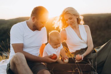 Sevgi dolu bir aile sıcak bir piknik deneyimini paylaşır, altın gün batımının altında elmaları birlikte toplarlar, doğal bir ortamda..