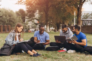 Açık havada okuyan çeşitli üniversite öğrencileri dizüstü bilgisayarları ve defterleri olan bir kampüs çimenliğinde oturuyorlar. Ağaçların altında doğal bir ortamda ortak öğrenme ve sıcak bir güneş..