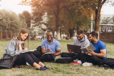 Açık havada okuyan çeşitli üniversite öğrencileri dizüstü bilgisayarları ve defterleri olan bir kampüs çimenliğinde oturuyorlar. Ağaçların altında doğal bir ortamda ortak öğrenme ve sıcak bir güneş..