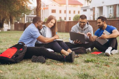 Kampüste birlikte çalışan bir grup üniversite öğrencisi. Çimlerin üzerinde oturuyorlar, gülümsüyorlar, fikirleri paylaşıyorlar ve dizüstü bilgisayar ve defterler kullanıyorlar..