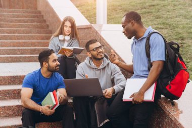 Bir proje için dizüstü bilgisayar ve kitaplar kullanarak kampüs basamaklarında tartışma ve işbirliği yapan çeşitli öğrenci grupları.