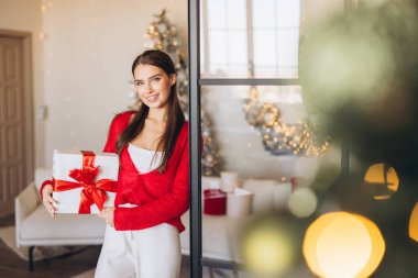 Kırmızı kazaklı neşeli bir kadın güzel paketlenmiş bir Noel hediyesi tutuyor. Sıcak, şenlikli atmosfer yumuşak ışıklandırma ve arka planda süslü bir Noel ağacı ile güçlendirilir..