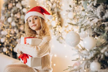 Noel Baba şapkası takan neşeli genç bir kız güzel paketlenmiş bir hediye tutuyor. Arka plan ışıl ışıl bir Noel ağacı ile süslenerek sıcak ve şenlikli bir tatil ortamı yaratılıyor..