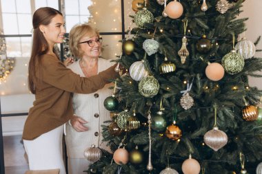 Neşeli bir büyükanne ve torun Noel ağacını süslüyor, parıldayan ışıklarla çevrili neşeli anlar ve sıcak gülümsemeler paylaşıyor, aile bütünlüğünü ve tatil ruhunu aktarıyor..