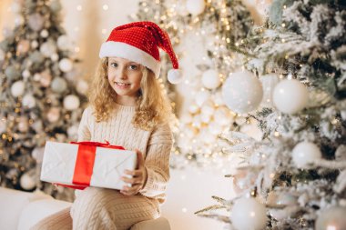 Noel Baba şapkası takan gülümseyen genç bir kız elinde güzel bir hediyeyle şenlikli Noel süslerinin arasında oturuyor. Sahne neşe, sıcaklık ve tatil sezonunun ruhunu yayıyor..