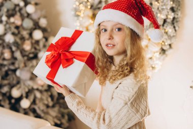 Noel Baba şapkası takan neşeli genç bir kız güzel bir Noel hediyesi tutuyor. Büyük kırmızı bir fiyonk, bayram süslemeleri ve parlak ışıklarla çevrili..