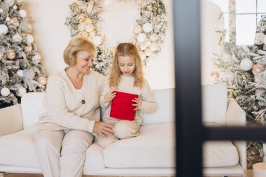 Neşeli bir büyükanne ve torunu Noel temalı bir oturma odasındaki koltukta oturmuş süslü ağaçların arasında kırmızı bir hediye çantasını paylaşıyorlar..