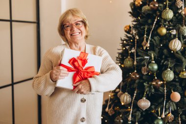 Neşeli yaşlı bir kadın Noel ağacının önünde güzel paketlenmiş bir Noel hediyesi tutuyor. Neşeli atmosfer, bayram kutlamalarının ve hediye vermenin özünü yansıtıyor. Noel temalı içerik için mükemmel.