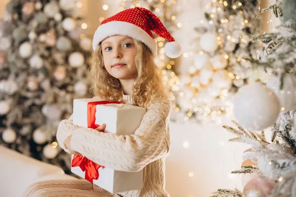 Noel Baba şapkası takan neşeli genç bir kız güzel paketlenmiş bir hediye tutuyor. Arka plan ışıl ışıl bir Noel ağacı ile süslenerek sıcak ve şenlikli bir tatil ortamı yaratılıyor..