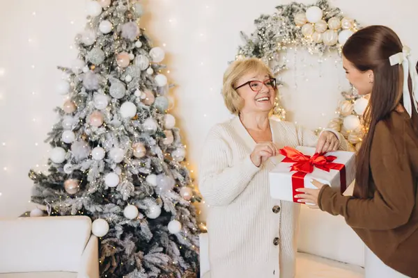 Yaşlı bir kadın ve genç bir kadın, güzel dekore edilmiş bir Noel ağacının önünde, bayram sezonunda sıcaklığı ve mutluluğu paylaşarak paketlenmiş bir hediyeyi paylaşırlar..