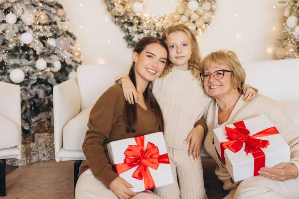 Üç nesildir Noel 'i kutlayan, hediyelerimizi veren ve neşeli bir ortamda neşe paylaşan sevgi dolu bir aile sahnesi. Tatil temalı kavramlar ve aile birlikteliği için mükemmel..