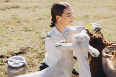 Genç bir kadın neşeyle keçileri yemliyor güneşli bir çayırda, doğa ile uyum içinde, kırsal hayatın ve çiftçiliğin basit zevklerini sergiliyor..