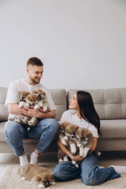 Güzel, gülümseyen mutlu çift köpek kulübesinde ya da barınakta Akia inu yavrularıyla oynuyor.