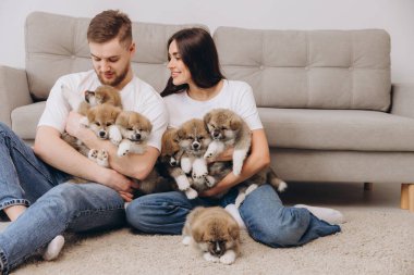 Güzel, gülümseyen mutlu çift köpek kulübesinde ya da barınakta Akia inu yavrularıyla oynuyor.