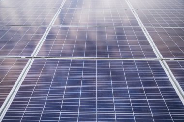 Solar Hücre Tarım Santrali 'nin yakın çekim eko teknolojisi. Bir fotovoltaik güç santralindeki güneş pili panellerinin peyzajı. Sürdürülebilir kaynaklar ve yenilenebilir enerji kavramı.