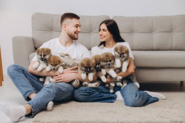 Güzel, gülümseyen mutlu çift köpek kulübesinde ya da barınakta Akia inu yavrularıyla oynuyor.