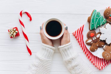 Sıcak bir kış sabahının tadını çıkarın. Sıcak bir ortamda bir fincan kahve ve zencefilli kurabiyelerle. Tatil sezonu ve Noel neşesinin özünü yakalamak için mükemmel..