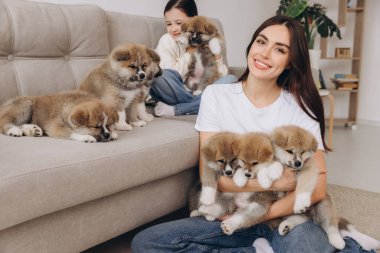 Gülümseyen kadın ve kızı evde ya da köpek barınağında Akita Inu yavrularıyla oynuyorlar.