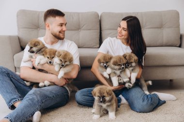 Güzel, gülümseyen mutlu çift köpek kulübesinde ya da barınakta Akia inu yavrularıyla oynuyor.