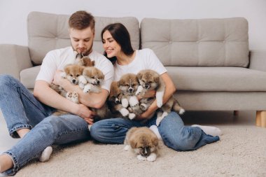 Güzel, gülümseyen mutlu çift köpek kulübesinde ya da barınakta Akia inu yavrularıyla oynuyor.