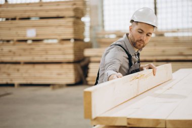 Marangoz güvenlik kaskı takıyor. Kereste deposundaki tahtaları inceliyor. Modüler bina inşaatı için kalite sağlıyor.