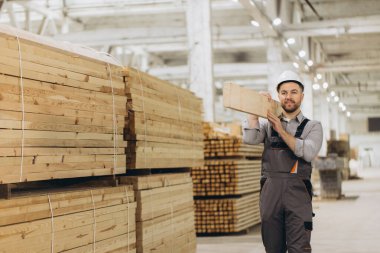 Marangoz güvenlik kaskı takıyor. Büyük kereste deposunda ahşap kalas taşıyor. Modüler inşaat endüstrisinde çalışıyor.