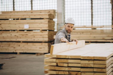 Kereste deposunda çalışan bir müfettiş. Modüler bina inşaatı için kereste yığınına ahşap tahta yerleştiriyor.