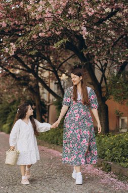 Anne ve kızı el ele tutuşuyorlar ve bir şehir parkında çiçek açan sakura ağaçlarının altında yürüyorlar. Bahar mevsiminin tadını çıkarıyorlar.