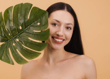 Bej arka planda izole edilmiş bir canavar yaprağı tutan mükemmel ciltli çekici bir esmer kadının güzel portresi.