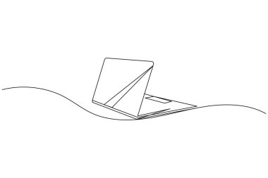 Dizüstü bilgisayar sürekli bir çizgi çizer ve minimalist stil ana hatları izole eder.